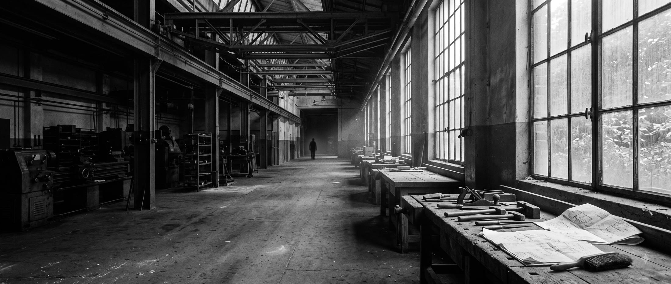Un atelier en enfilade, la lumière des grandes fenêtres tombe sur les établis
